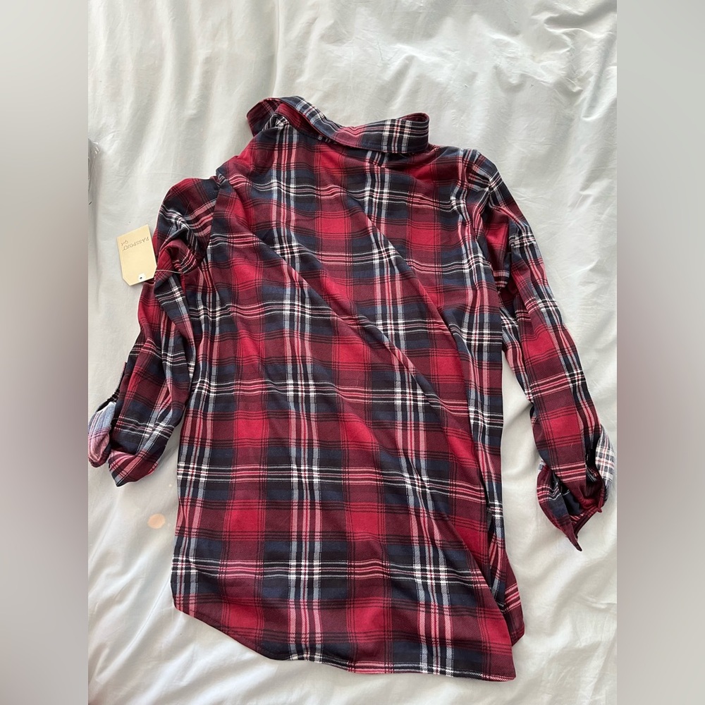 NWT: burgundy & navy plaid passport button up shirt - Picture 7 of 7
